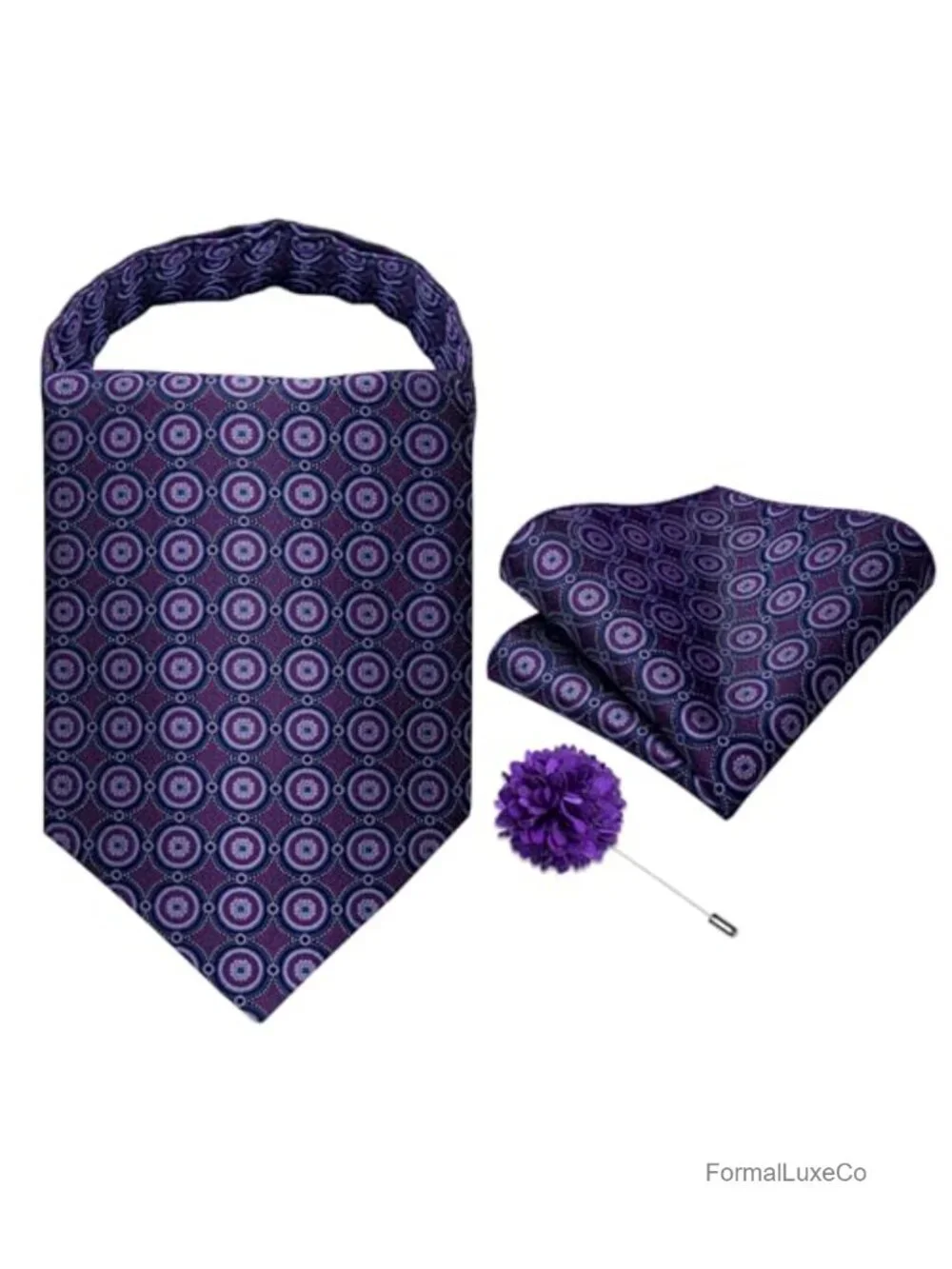 Men's Silk Ascot Tie Set with Pocket Square and Lapel Pin